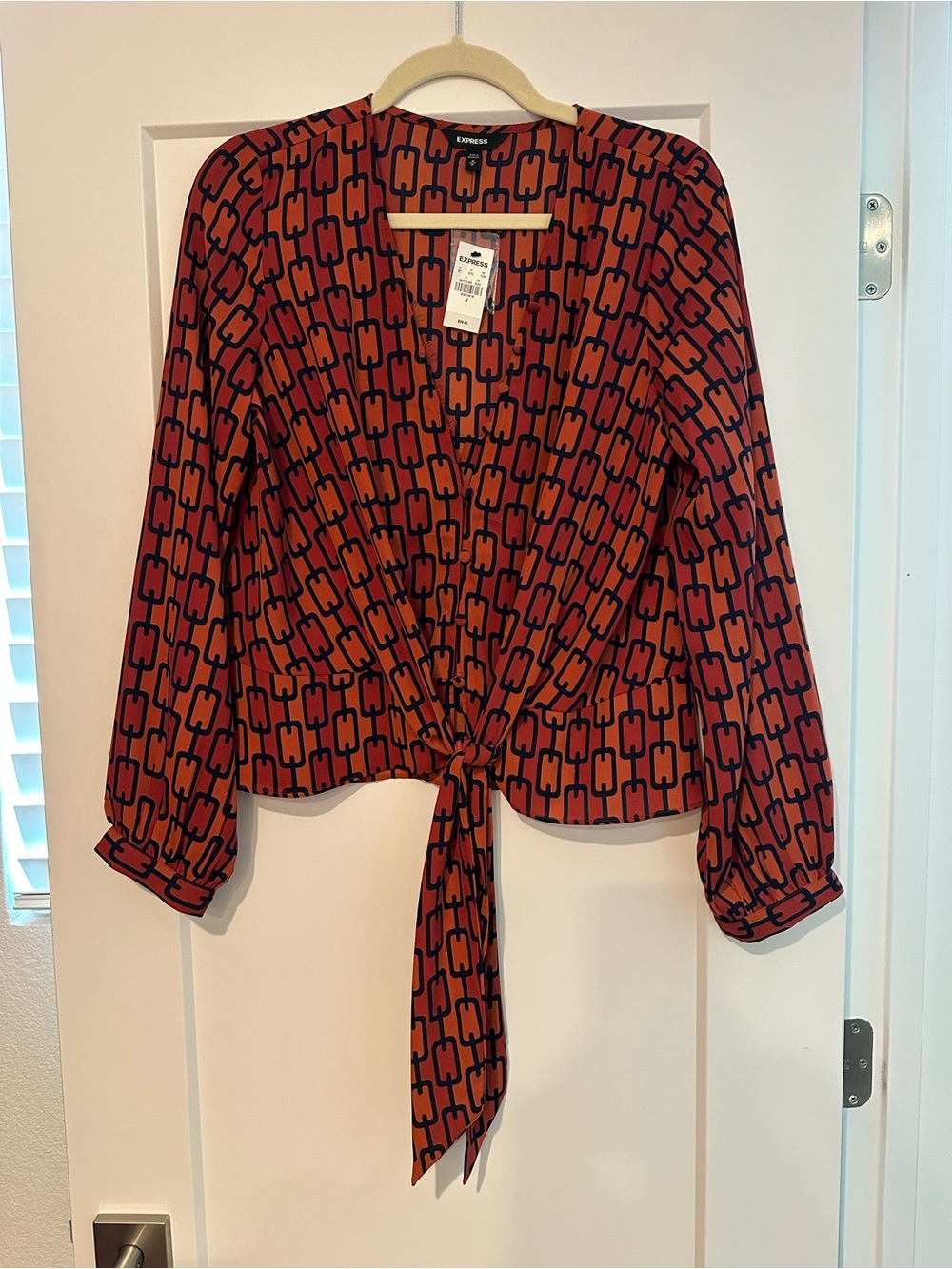 Express Rust Red & Navy Geometric Tie-Front Blouse